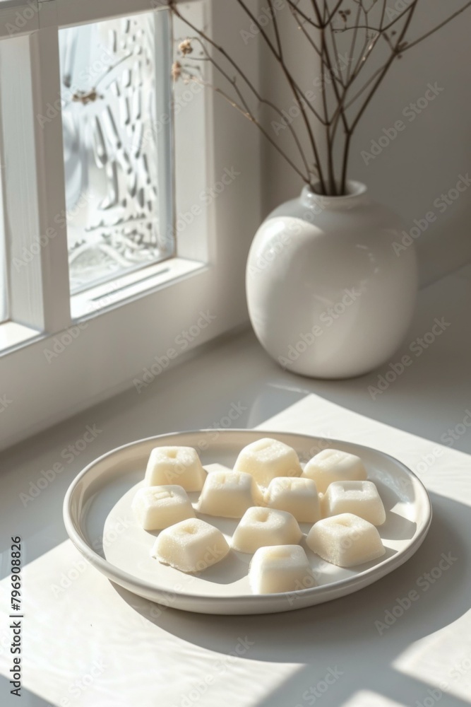 Poster a white plate with small squares of food on it next to a window. generative ai.