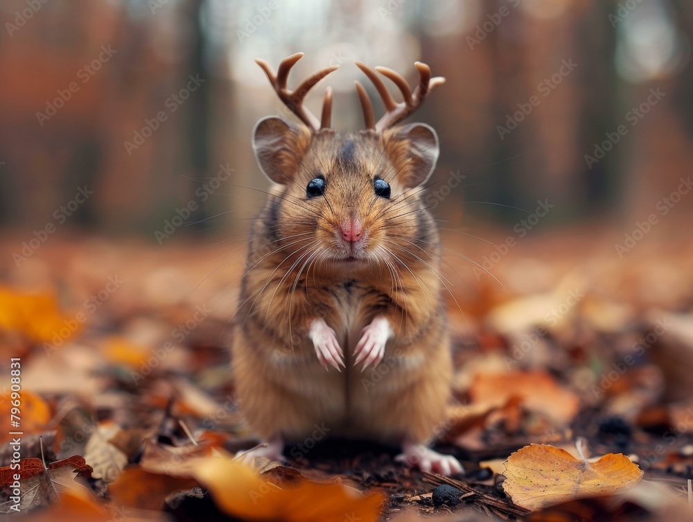 Poster a mouse with antlers standing on leaves in the fall. generative ai.