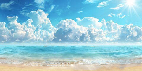 Obraz premium Summer background with a beautiful blue sky and white clouds, a sandy beach and sea view A summer vacation concept banner template showing a panoramic photo Generative AI