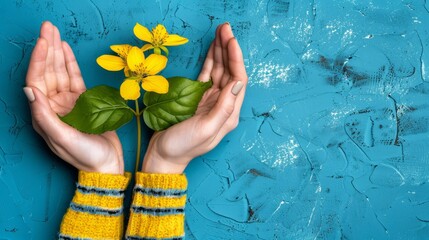 Obraz na płótnie Canvas Person's hands holding a yellow flower against a blue backdrop A strip of green leaves lies beneath