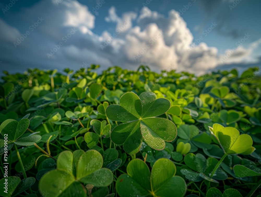 Poster a close up of a clover field with clouds in the background. generative ai.