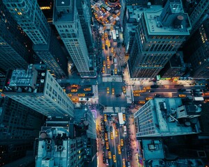 An aerial view of a busy city street with cars and taxis. Generative AI.