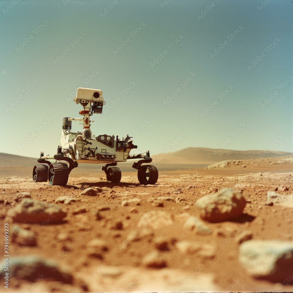 Poster a small rover is on the surface of with a camera. generative ai.
