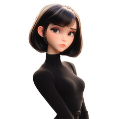 A young and beautiful stylized cartoon girl is portrayed in a sleek black dress against a muted gray background