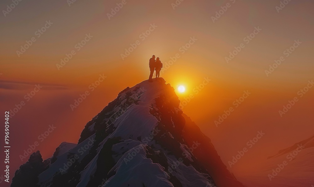 Aufkleber two people standing on top of a mountain with the sun setting in front. generative ai.