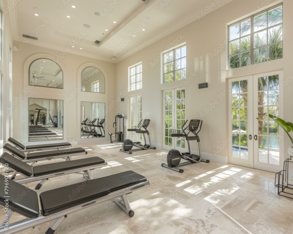 Aufkleber a gym with exercise equipment and mirrors in front of windows. generative ai.
