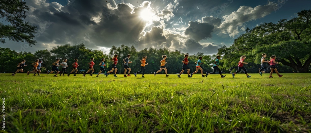 Poster a group of people running in a field under cloudy skies. generative ai.