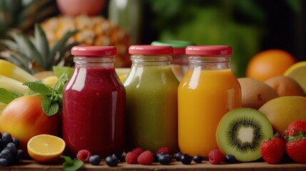 Fresh fruit and vegetable smoothies or juice in bottles with various ingredients around Generative AI