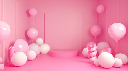 3d rendering of a minimalistic pink background wall with  birthday party decoration, pink colors, empty wall mock up, birthday invitation, greeting card