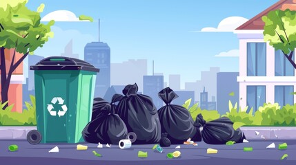 Full garbage bin and black plastic trash bags around. Overflowing recycling container with trash. Green recycle can. Street dump pollution, bin container pile, trashcan basket. Vector illustration