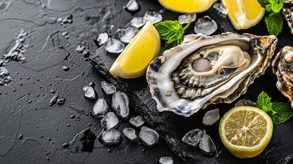   A group of oysters on ice against a black backdrop Each oyster accompanied by a lemon slice and mint leaf Ice cubes and lemon wedges scattered around