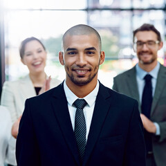 Businessman, portrait and office with smile, celebration and success for promotion and...