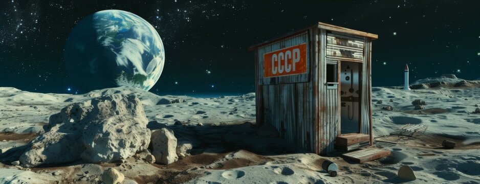 A small outhouse on the moon with a large earth in background. Generative AI.