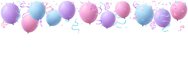 Happy birthday, holiday festival banner with pink, blue, purple pastel balloons and confetti