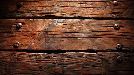   A tight shot of wood displaying rivets and screws along its edge - obrazy, fototapety, plakaty