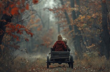 A scenic and tranquil image of two kids sitting closely on a wooden bench amidst a