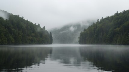   A forested lake with fog covering tree tops