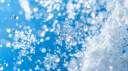   A tight shot of a solitary snowflake against a backdrop of blue and white Foreground features snowflakes