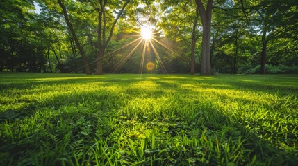   The sun brightly shines through trees on a sunny park day, green grass beneath, tall trees surrounding
