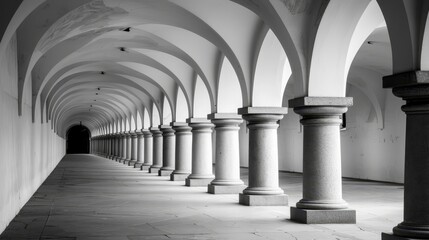   A monochrome image of a building's row of pillars, each crowned with an arch, and arches adorning the wall side - obrazy, fototapety, plakaty