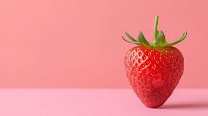   A strawberry, with its red flesh in focus, sits atop a pink background The green stem extends vertically from the top