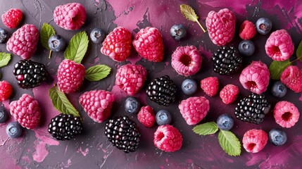   Raspberries, blueberries, and multiple raspberries against a pink backdrop or Pink background with raspberries, blueberries, and numerous raspberries arranged