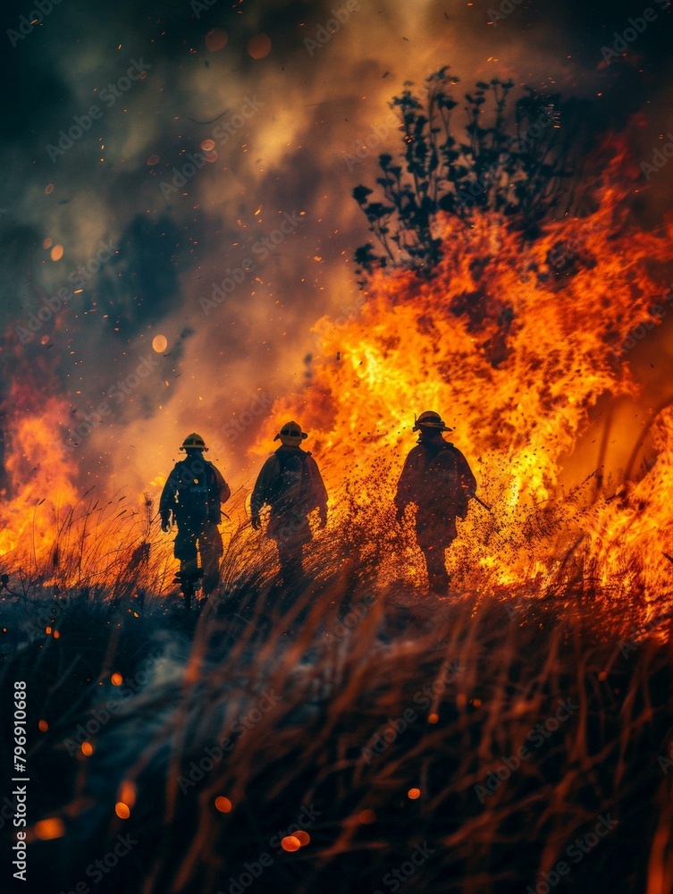 Poster three firefighters are standing in front of a large fire. generative ai.