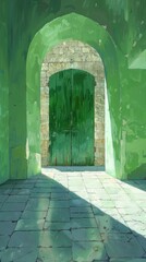 A green door in a stone wall with sunlight coming through, AI