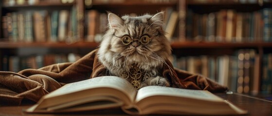 A cat wearing glasses and a robe sitting on top of an open book. Generative AI.