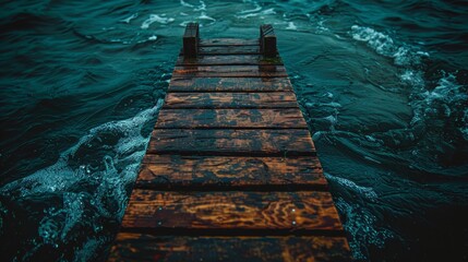  A wooden dock, situated in the heart of a water body, is surrounded by incoming waves A solitary figure stands at its endpoint - obrazy, fototapety, plakaty
