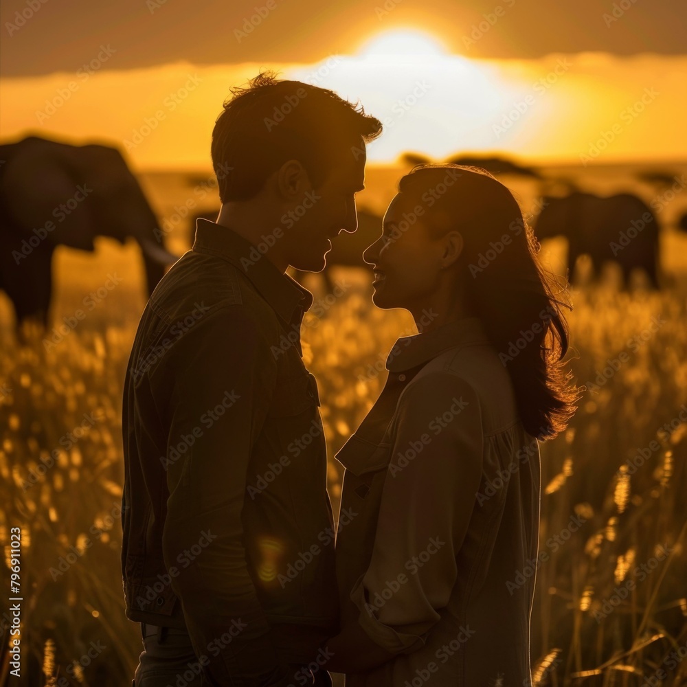 Poster a couple standing in a field with elephants behind them. generative ai.