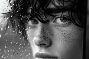 A close up of a young boy looking out the window with rain drops on his face. Generative AI.