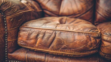   A tight shot of a brown leather chair with visible nail heads on its backrest