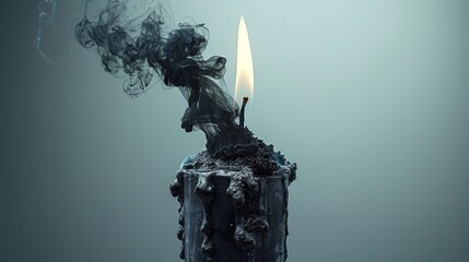   A candle emitting smoke atop a black cake, both producing smokes