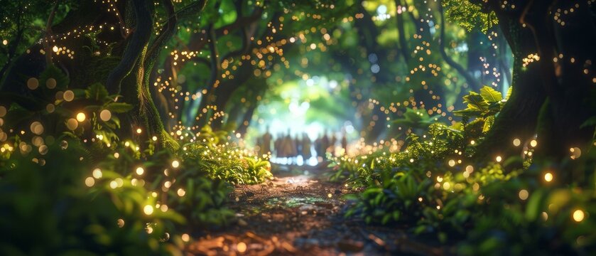 A path in the woods with fairy lights. Generative AI.