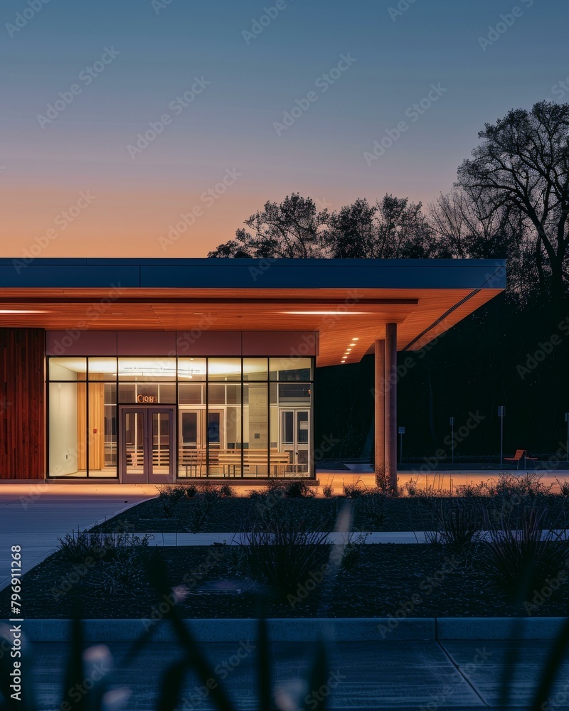 Poster a building with a glass front and lights on at dusk. generative ai.