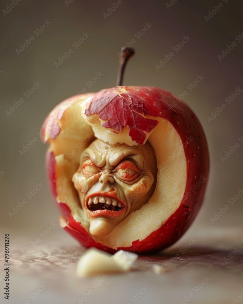Poster a close up of a face carved into an apple. generative ai.