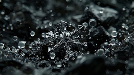   A tight shot of a snowflake, displaying intricate crystal structures with tiny superimposed droplets of melted ice - obrazy, fototapety, plakaty