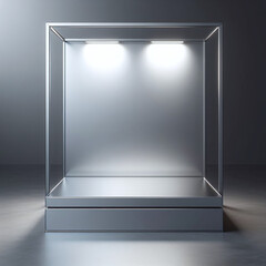 Empty glass display case with illuminated shelves on a gray background, showcasing space for exhibits.
