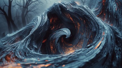   A painting of a forest with a swirling vortex at its heart, encircled by flames - obrazy, fototapety, plakaty