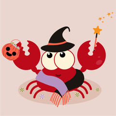 Fototapeta premium Flat Design Halloween Illustration with Crab wearing Hat, Scarf Holding Bag, Magic, Candy 