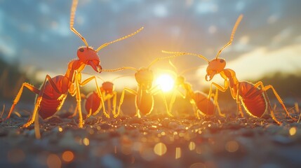   A cluster of red ants aligns on a verdant grass field, backed by the sun-kissed sky - obrazy, fototapety, plakaty
