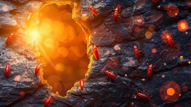   A swarm of scarlet insects scurries around a rocky fissure, emitting a radiant beam of light