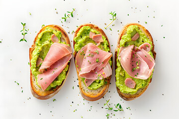turkey ham on crushed avocado in a white background