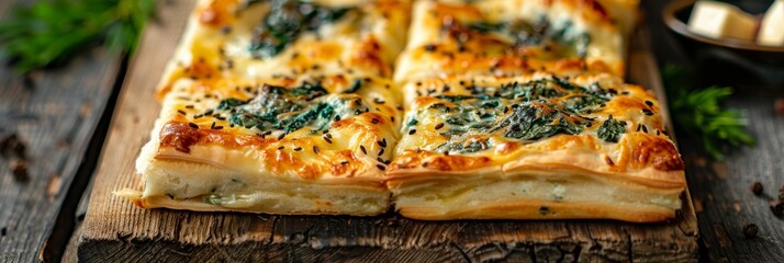 Square Khachapuri, Traditional Hachapuri, Delicious Tender Dough with Spinach, Melted Cheese - obrazy, fototapety, plakaty