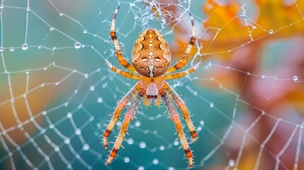   A tight shot of a spider on its web, adorned with dewdrops, against a softly blurred background