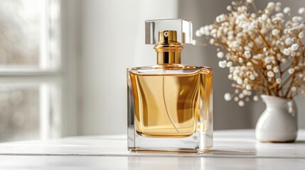 A gold glass bottle containing men's eau de parfum is seen on a transparent background. It is a fragrance for men and comes in a spray form. This modern luxury parfum de toilette includes hints of