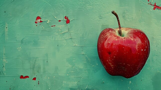   A red apple dangles from a green wall, revealing chipped paint edges