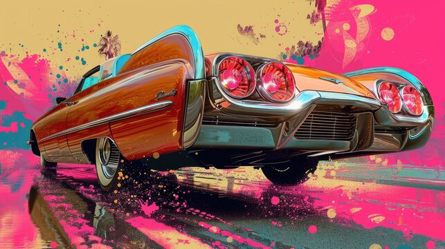 A pink and brown retro car is driving on a road with a colorful background.