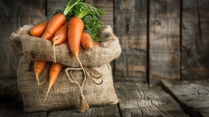   A bunch of carrots on a burlap sack, situated on a wooden table, before a wooden wall